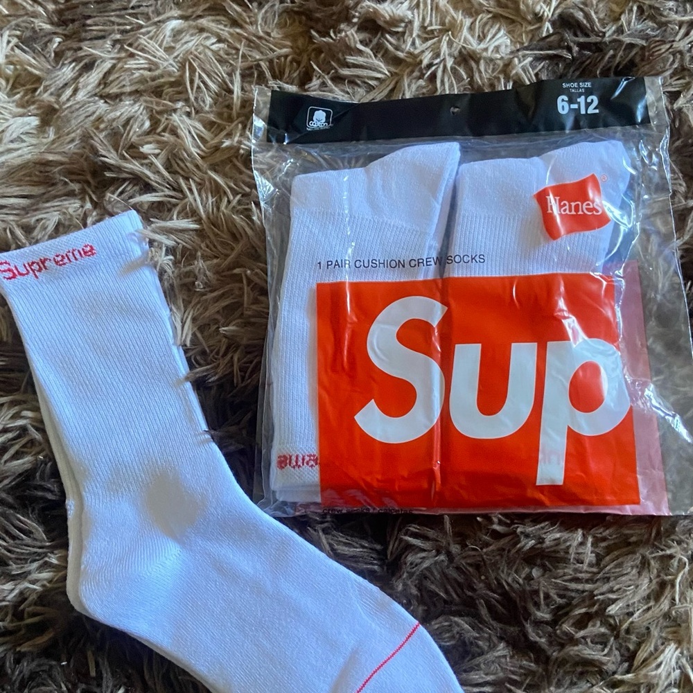 Hanes White Crew Socks with Red Logo Accent